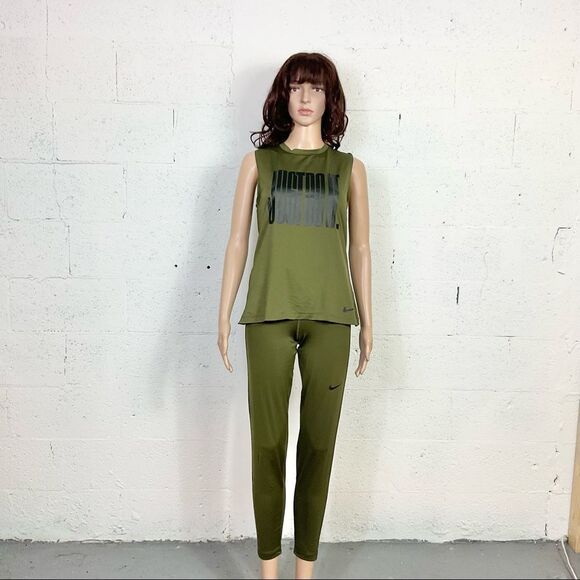 Nike Just Do It Army Green Black Muscle Tank Leggings Matching Set M - Picture 3 of 17